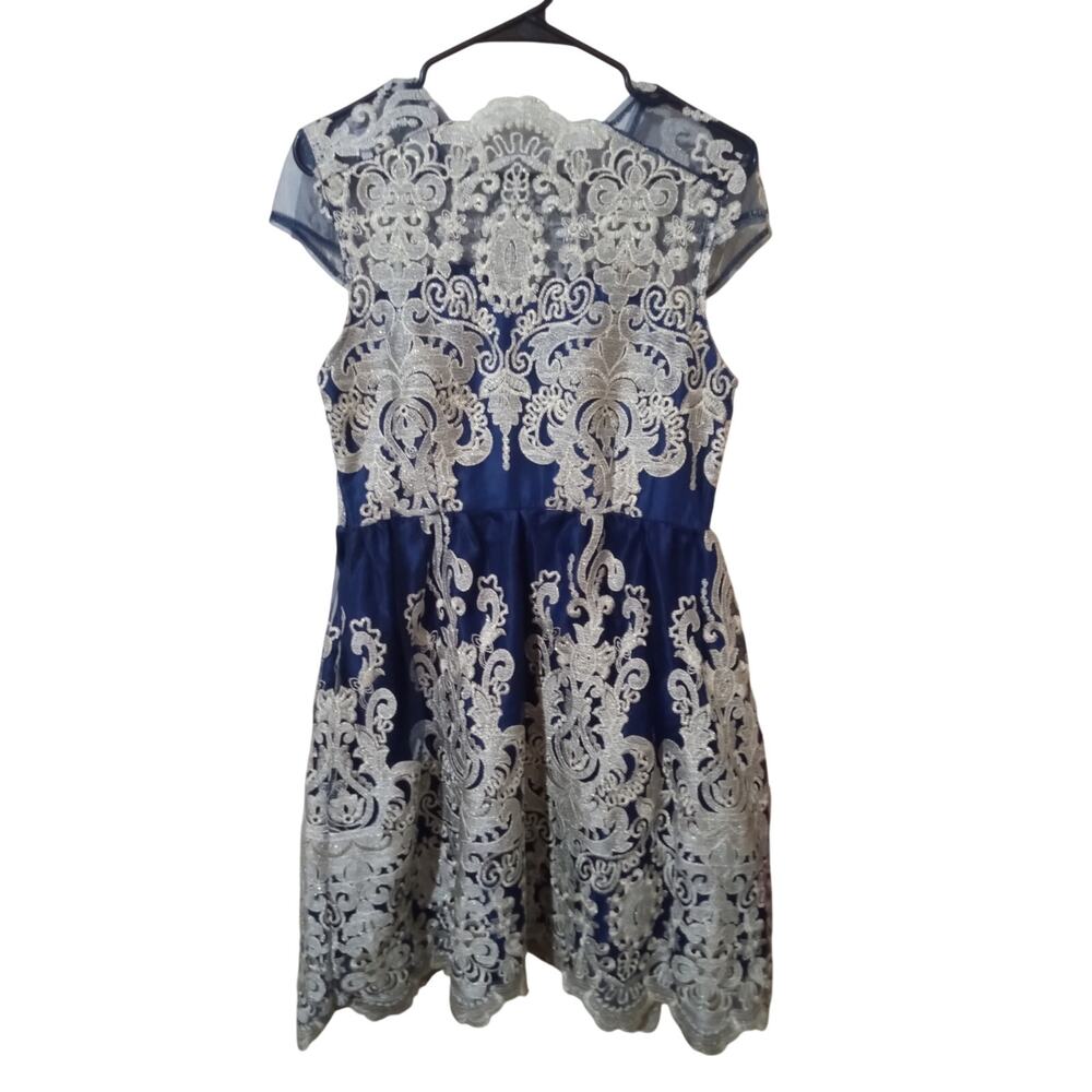 Women's Blue Lace Metallic Gold Embroidered Formal Cocktail Dinner Party Dress - Picture 4 of 13